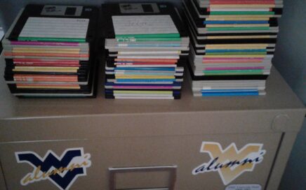 Image of filing cabinet with floppy disks on top