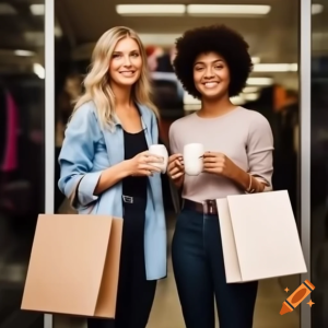 Photo illustration of two women shopping in a clothing store with coffee in their hands generated by Craiyon AI