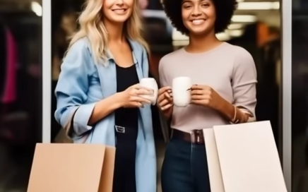 Photo illustration of two women shopping in a clothing store with coffee in their hands generated by Craiyon AI