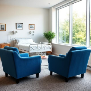 AI image created with the following description courtesy of DeepAI.org: create an image of a living room with two plush chairs that are blue in color. They are facing the bed. The right wall of the room is a large picture window. on the left wall is a hospital bed only with the foot of the bed facing the window. There are no other hospital equipment in the room other than the bed itself. There is carpet on the floor and pictures on the walls. There is a hospital tray next to the bed. The lighting is bright and coming from the window but supplemented by lighting from behind the camera so that there are no harsh shadows in the room.