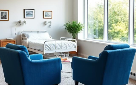 AI image created with the following description courtesy of DeepAI.org: create an image of a living room with two plush chairs that are blue in color. They are facing the bed. The right wall of the room is a large picture window. on the left wall is a hospital bed only with the foot of the bed facing the window. There are no other hospital equipment in the room other than the bed itself. There is carpet on the floor and pictures on the walls. There is a hospital tray next to the bed. The lighting is bright and coming from the window but supplemented by lighting from behind the camera so that there are no harsh shadows in the room.