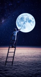 A child at the top of a ladder that sticks into space reaching out to an image of the moon in space