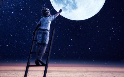 A child at the top of a ladder that sticks into space reaching out to an image of the moon in space