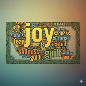 Word cloud superimposed over US money background generated by Gemini LLM